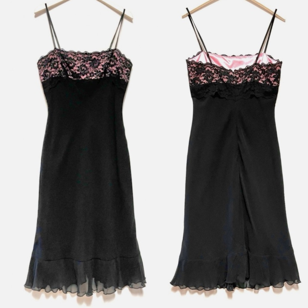 100% Silk 00s Express Black Lace & Pink Cocktail Dress